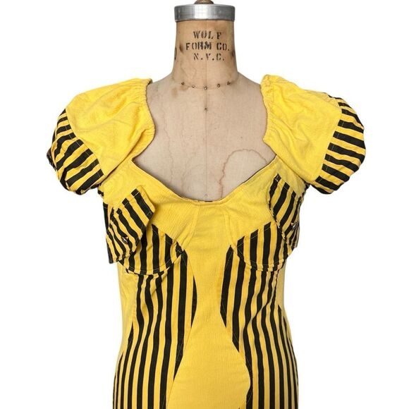 Patty Vintage 80’s Yellow Black Striped Fitted Dress Size M - Picture 2 of 9
